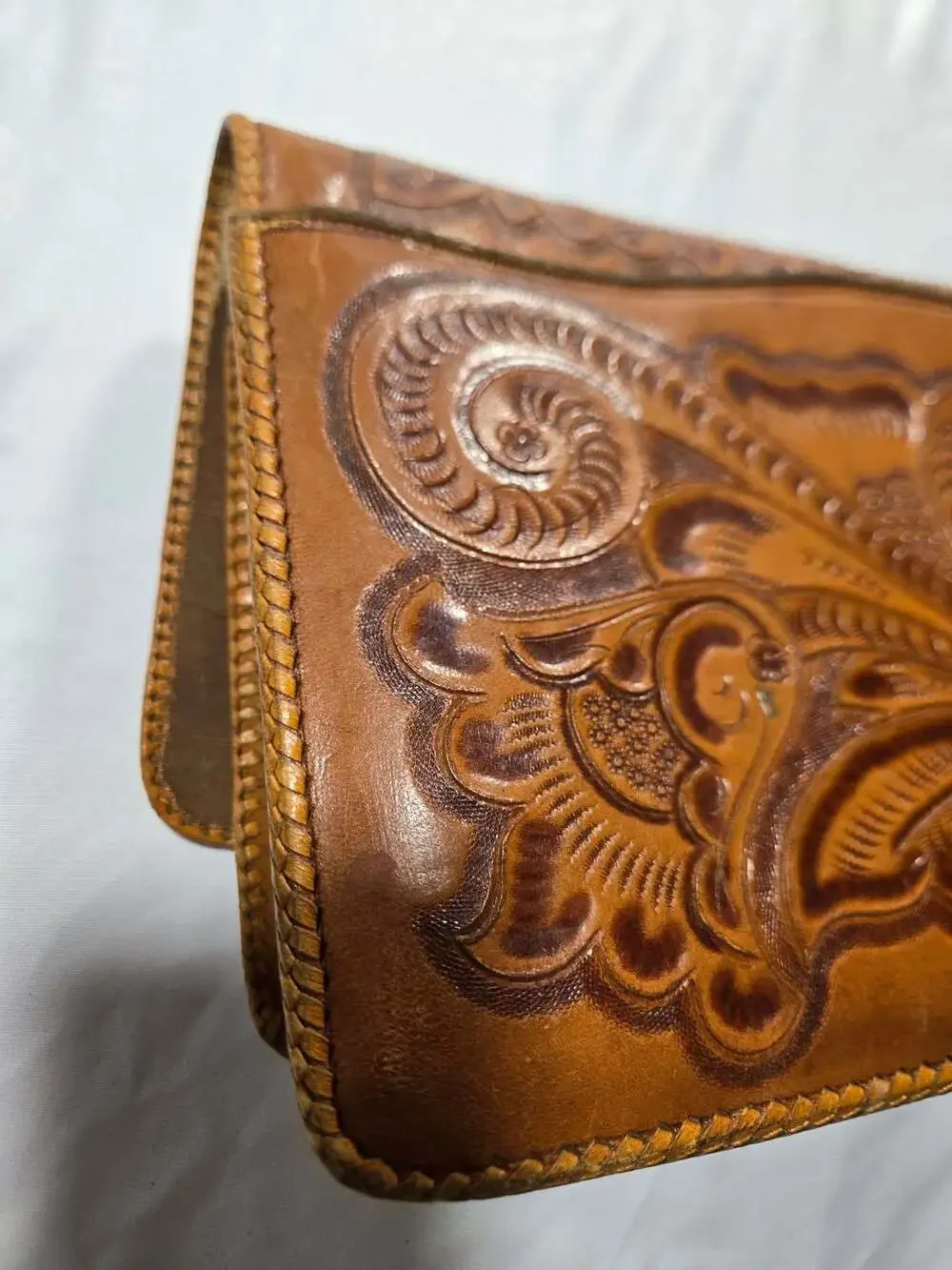 Vintage Hand Tooled Leather Handbag Brown Floral Carved Western Boho Purse